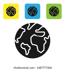 Black Earth globe icon isolated on white background. World or Earth sign. Global internet symbol. Geometric shapes. Set icons colorful square buttons. Vector Illustration