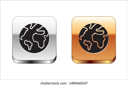 Black Earth globe icon isolated on white background. World or Earth sign. Global internet symbol. Geometric shapes. Silver-gold square button. Vector Illustration