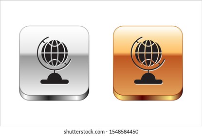 Black Earth globe icon isolated on white background. Silver-gold square button. Vector Illustration