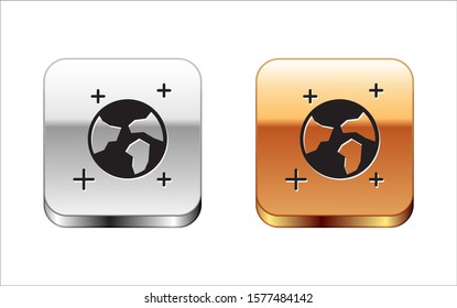 Black Earth globe icon isolated on white background. World or Earth sign. Global internet symbol. Geometric shapes. Silver-gold square button. Vector Illustration