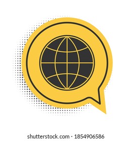 Black Earth globe icon isolated on white background. World or Earth sign. Global internet symbol. Geometric shapes. Yellow speech bubble symbol. Vector.