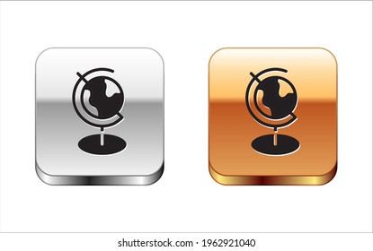 Black Earth globe icon isolated on white background. Silver-gold square button. Vector