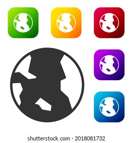 Black Earth globe icon isolated on white background. World or Earth sign. Global internet symbol. Geometric shapes. Set icons in color square buttons. Vector