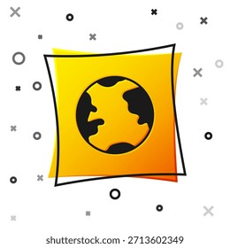 Icono del globo de la Tierra negra aislado en el fondo blanco. Signo del mundo o de la Tierra. Símbolo global de internet. Formas geométricas. Botón cuadrado amarillo. Ilustración vectorial