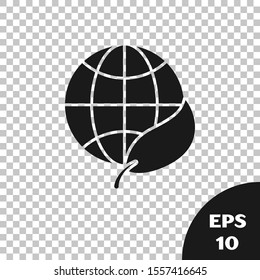 Black Earth globe and leaf icon isolated on transparent background. World or Earth sign. Geometric shapes. Environmental concept.  Vector Illustration