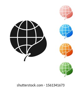 Black Earth globe and leaf icon isolated on white background. World or Earth sign. Geometric shapes. Environmental concept. Set icons colorful. Vector Illustration