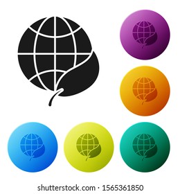 Black Earth globe and leaf icon isolated on white background. World or Earth sign. Geometric shapes. Environmental concept. Set icons colorful circle buttons. Vector Illustration