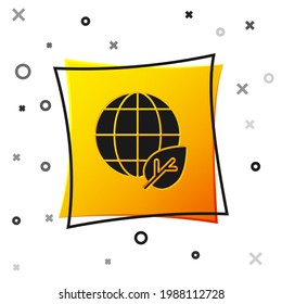 Black Earth globe and leaf icon isolated on white background. World or Earth sign. Geometric shapes. Environmental concept. Yellow square button. Vector