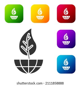 Black Earth globe and leaf icon isolated on white background. World or Earth sign. Geometric shapes. Environmental concept. Set icons in color square buttons. Vector