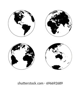 Black Earth globe in line art style in four turns on white background. North and South America, Eurasia and Africa, Atlantic, Australia in rotations. Vector illustration