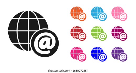 Black Earth globe with mail and e-mail icon isolated on white background. Envelope symbol e-mail. Email message sign. Set icons colorful. Vector Illustration