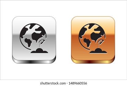 Black Earth globe and plant icon isolated on white background. World or Earth sign. Geometric shapes. Environmental concept. Silver-gold square button. Vector Illustration