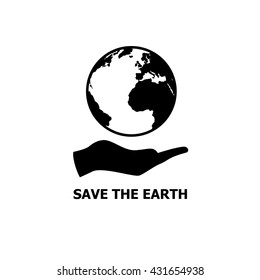 Black earth and hand icon logo. Save the earth logo. Saving environment logo.