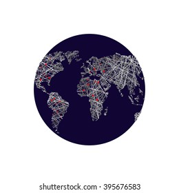 Black earth. Linear world map. Red lights capitals. World Atlas. Means of communication and relationships on planet Earth
