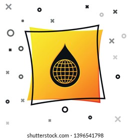 Black Earth planet in water drop icon isolated on white background. World globe and water drop. Saving water and world environmental protection. Yellow square button. Vector Illustration