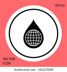 Black Earth planet in water drop icon isolated on red background. World globe and water drop. Saving water and world environmental protection. White circle button. Vector Illustration