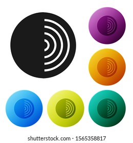 Black Earth structure icon isolated on white background. Geophysics concept with earth core and section layers earth. Set icons colorful circle buttons. Vector Illustration