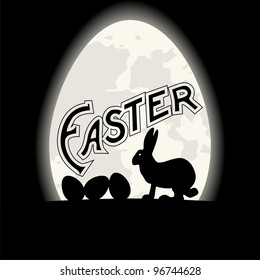 Black Easter background with egg and bunny silhouette. Vector