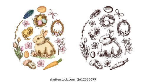 Сolored and black Easter egg shape with rabbit, chick, bow, willow, feathers, nest, eggs, flowers, and carrot in hand-drawn sketch