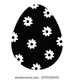 black Easter egg silhouette adorned with a white daisy pattern, symbolizing spring, celebration, and holiday festivity. Isolated on transparent background. Vector art