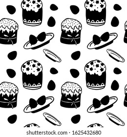 Black easter eggs kulich silhouette cross bun element outline paschal celebration holiday set  sweet bread food wrapping paper with plate white isolated seamless pattern stock vector illustration 