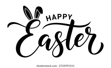 Black Easter greeting with bunny ears in elegant calligraphy on a pure white background, perfect for holiday cards and decorations