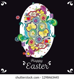 Black easter greeting card with floral decorated white easter egg. Repeat included. Holidays. Greeting card. Easter.