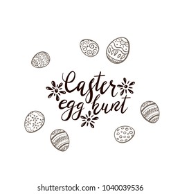 Black Easter lettering with flowers and set of eggs with pattern isolated on white background. Text Easter egg hunt, illustration.