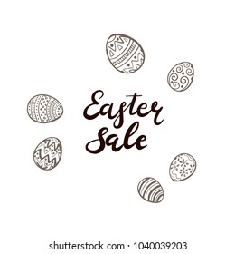 Black Easter lettering and set of eggs with pattern isolated on white background. Text Easter Sale, illustration.