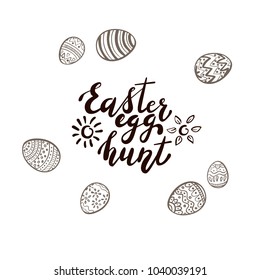 Black Easter lettering with sun, flowers and set of eggs with pattern, isolated on white background. Text Easter egg hunt, illustration.