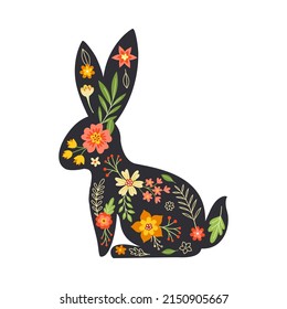 Black Easter Rabbit with Flowers and Floral Decoration Inside Vector Illustration