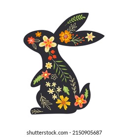 Black Easter Rabbit with Flowers and Floral Decoration Inside Vector Illustration