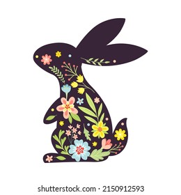 Black Easter Rabbit with Flowers and Floral Decoration Inside Vector Illustration