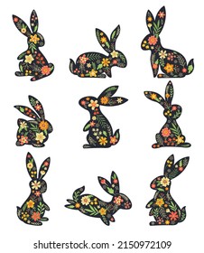 Black Easter Rabbit with Flowers and Floral Decoration Inside Vector Set