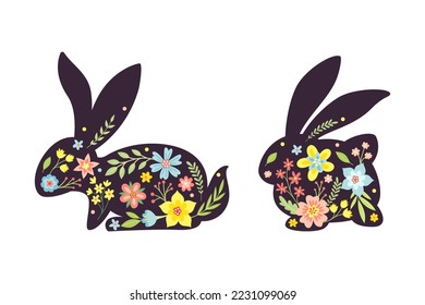 Black Easter Rabbit with Flowers and Floral Decoration Inside Vector Set