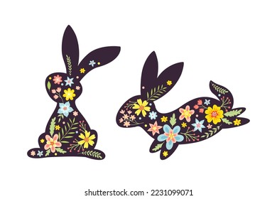 Black Easter Rabbit with Flowers and Floral Decoration Inside Vector Set