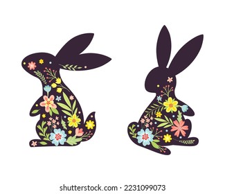 Black Easter Rabbit with Flowers and Floral Decoration Inside Vector Set