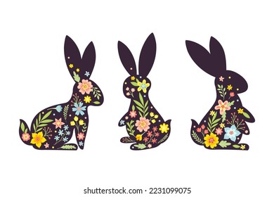 Black Easter Rabbit with Flowers and Floral Decoration Inside Vector Set