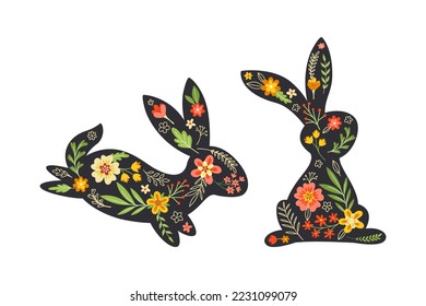 Black Easter Rabbit with Flowers and Floral Decoration Inside Vector Set