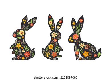 Black Easter Rabbit with Flowers and Floral Decoration Inside Vector Set