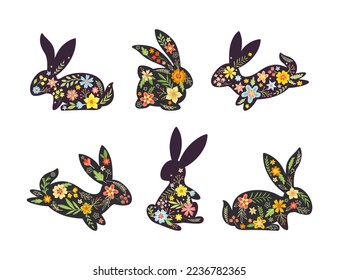 Conejo negro de Pascua con flores y decoración floral dentro del vector Set