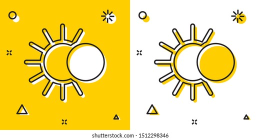 Black Eclipse of the sun icon isolated on yellow and white background. Total sonar eclipse. Random dynamic shapes. Vector Illustration