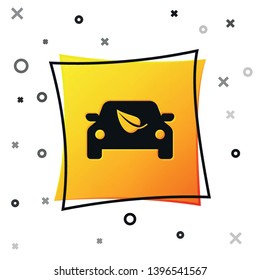 Black Eco car concept drive with leaf icon isolated on white background. Green energy car symbol. Yellow square button. Vector Illustration
