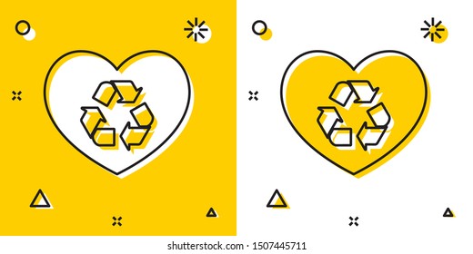 Black Eco friendly heart icon isolated on yellow and white background. Heart eco recycle nature bio. Environmental concept. Random dynamic shapes. Vector Illustration