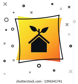 Black Eco friendly house icon isolated on white background. Eco house with leaf. Yellow square button. Vector Illustration Black Eco friendly house icon isolated on white background. Eco house with leaf. Yellow square button. Vector Illustration