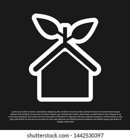 Black Eco friendly house icon isolated on black background. Eco house with leaf. Vector Illustration
