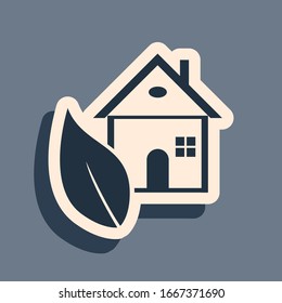 Black Eco friendly house icon isolated on grey background. Eco house with leaf. Long shadow style. Vector Illustration