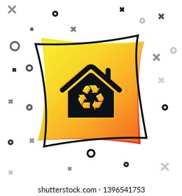 Black Eco House with recycling symbol icon isolated on white background. Ecology home with recycle arrows. Yellow square button. Vector Illustration