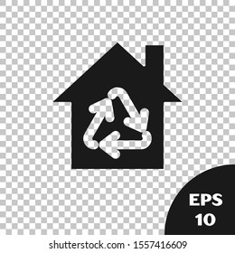 Black Eco House with recycling symbol icon isolated on transparent background. Ecology home with recycle arrows.  Vector Illustration