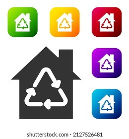Black Eco House with recycling symbol icon isolated on white background. Ecology home with recycle arrows. Set icons in color square buttons. Vector